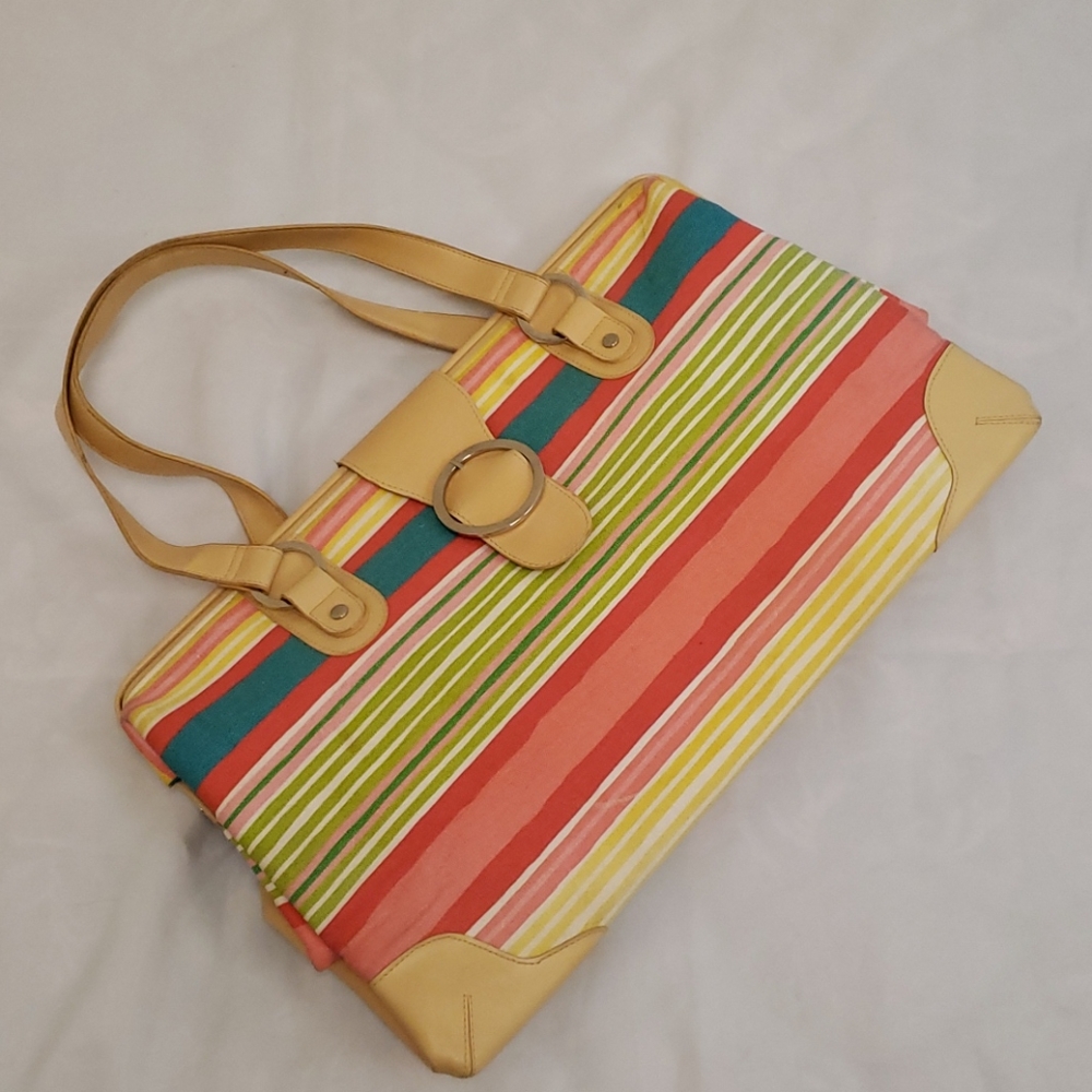 Vintage Bath & Body Works Travel Tote Doctor Bag Striped Tan Pink Blue Green